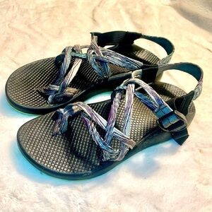 Chaco Sandals Size 9 Black Woven Straps Purple Green White Hiking Outdoors
